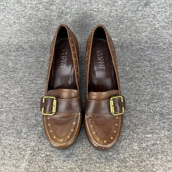 ✅Franco Sarto Vintage Pumps Women's 6M Brown Leather Chunky Heel Slip On Heels - Picture 6 of 10